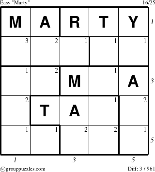 The grouppuzzles.com Easy Marty puzzle for  with all 3 steps marked