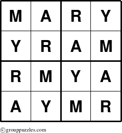 The grouppuzzles.com Answer grid for the Mary puzzle for 