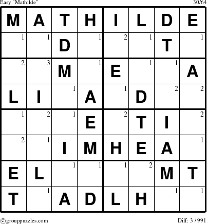 The grouppuzzles.com Easy Mathilde puzzle for  with the first 3 steps marked