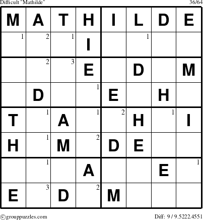 The grouppuzzles.com Difficult Mathilde puzzle for  with the first 3 steps marked