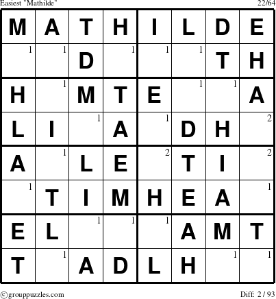 The grouppuzzles.com Easiest Mathilde puzzle for  with the first 2 steps marked