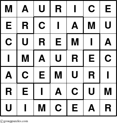 The grouppuzzles.com Answer grid for the Maurice puzzle for 