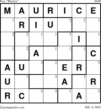 The grouppuzzles.com Easy Maurice puzzle for  with the first 3 steps marked