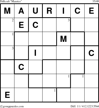 The grouppuzzles.com Difficult Maurice puzzle for  with the first 3 steps marked