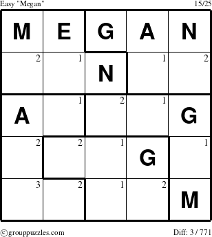 The grouppuzzles.com Easy Megan puzzle for  with the first 3 steps marked