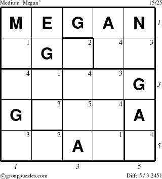 The grouppuzzles.com Medium Megan puzzle for , suitable for printing, with all 5 steps marked