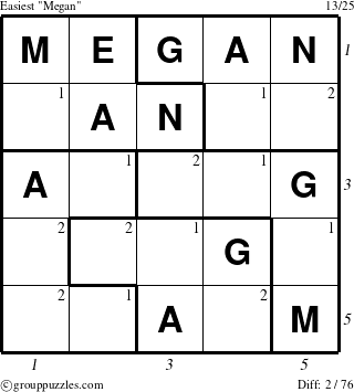 The grouppuzzles.com Easiest Megan puzzle for , suitable for printing, with all 2 steps marked