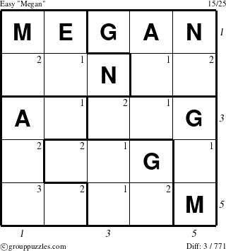 The grouppuzzles.com Easy Megan puzzle for  with all 3 steps marked