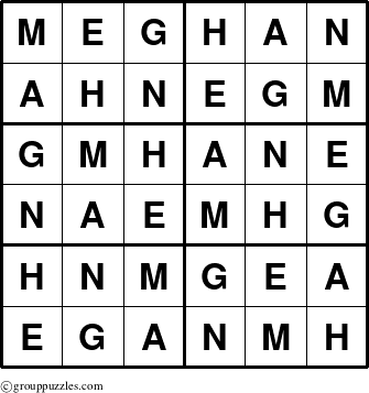 The grouppuzzles.com Answer grid for the Meghan puzzle for 