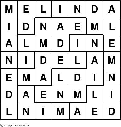 The grouppuzzles.com Answer grid for the Melinda puzzle for 