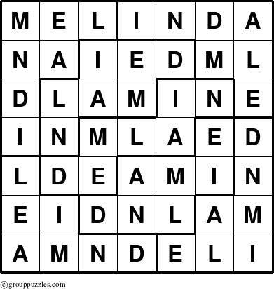 The grouppuzzles.com Answer grid for the Melinda puzzle for 