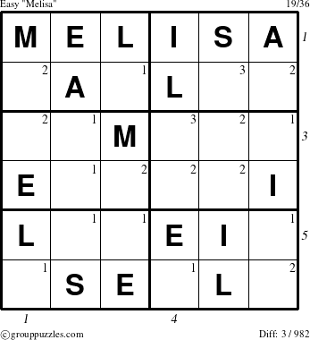 The grouppuzzles.com Easy Melisa puzzle for  with all 3 steps marked