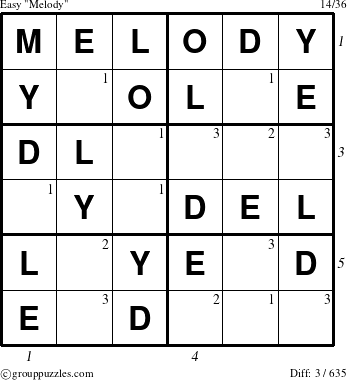 The grouppuzzles.com Easy Melody puzzle for , suitable for printing, with all 3 steps marked