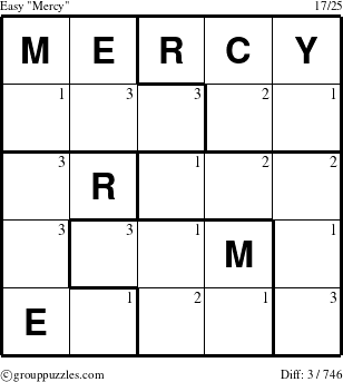 The grouppuzzles.com Easy Mercy puzzle for  with the first 3 steps marked