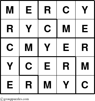 The grouppuzzles.com Answer grid for the Mercy puzzle for 