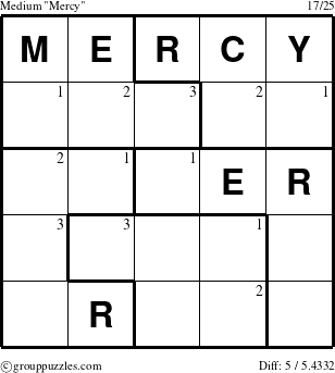 The grouppuzzles.com Medium Mercy puzzle for  with the first 3 steps marked