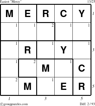 The grouppuzzles.com Easiest Mercy puzzle for , suitable for printing, with all 2 steps marked