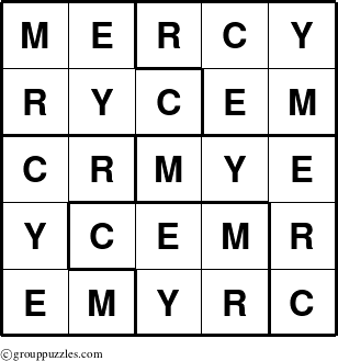 The grouppuzzles.com Answer grid for the Mercy puzzle for 