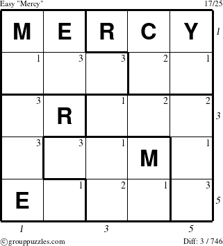 The grouppuzzles.com Easy Mercy puzzle for  with all 3 steps marked