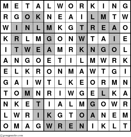 The grouppuzzles.com Answer grid for the Metalworking puzzle for 