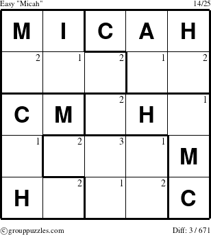 The grouppuzzles.com Easy Micah puzzle for  with the first 3 steps marked