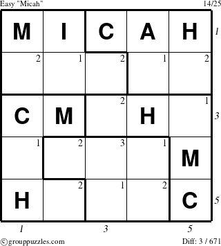 The grouppuzzles.com Easy Micah puzzle for  with all 3 steps marked