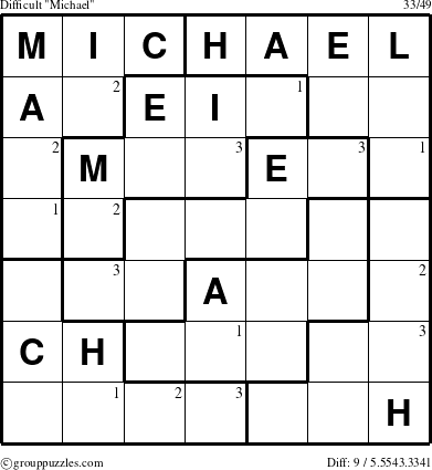 The grouppuzzles.com Difficult Michael puzzle for  with the first 3 steps marked