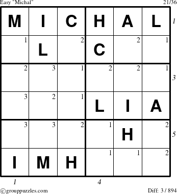 The grouppuzzles.com Easy Michal puzzle for  with all 3 steps marked