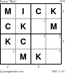 The grouppuzzles.com Easiest Mick puzzle for  with all 2 steps marked