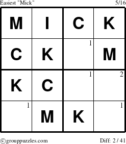 The grouppuzzles.com Easiest Mick puzzle for  with the first 2 steps marked