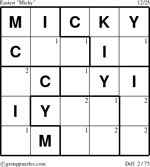 The grouppuzzles.com Easiest Micky puzzle for  with the first 2 steps marked