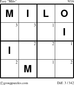 The grouppuzzles.com Easy Milo puzzle for  with the first 3 steps marked