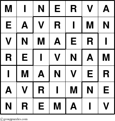 The grouppuzzles.com Answer grid for the Minerva puzzle for 