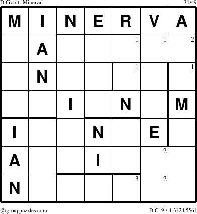 The grouppuzzles.com Difficult Minerva puzzle for  with the first 3 steps marked