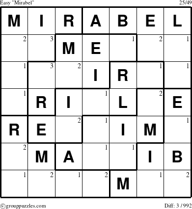 The grouppuzzles.com Easy Mirabel puzzle for  with the first 3 steps marked