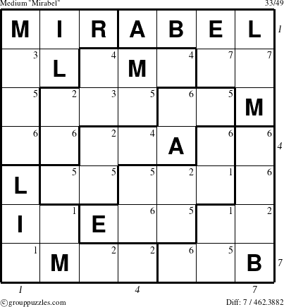 The grouppuzzles.com Medium Mirabel puzzle for  with all 7 steps marked