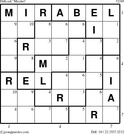 The grouppuzzles.com Difficult Mirabel puzzle for  with all 10 steps marked