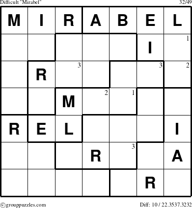 The grouppuzzles.com Difficult Mirabel puzzle for  with the first 3 steps marked