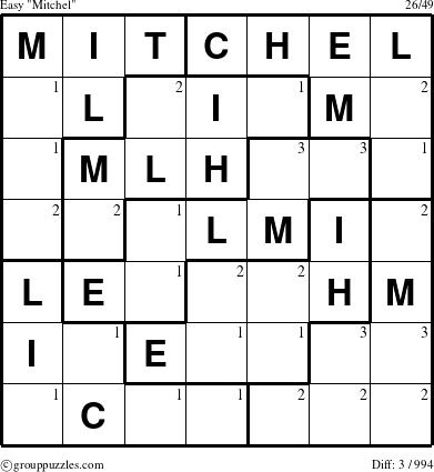 The grouppuzzles.com Easy Mitchel puzzle for  with the first 3 steps marked