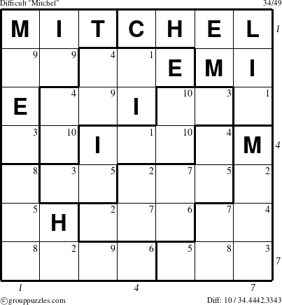 The grouppuzzles.com Difficult Mitchel puzzle for  with all 10 steps marked