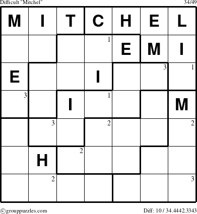 The grouppuzzles.com Difficult Mitchel puzzle for  with the first 3 steps marked