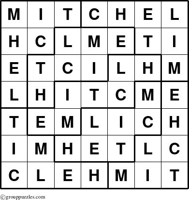 The grouppuzzles.com Answer grid for the Mitchel puzzle for 