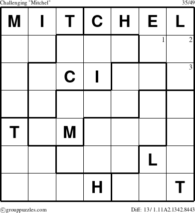 The grouppuzzles.com Challenging Mitchel puzzle for  with the first 3 steps marked