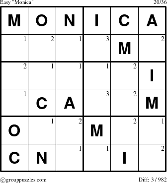 The grouppuzzles.com Easy Monica puzzle for  with the first 3 steps marked