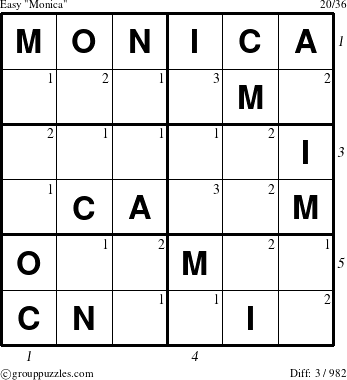 The grouppuzzles.com Easy Monica puzzle for  with all 3 steps marked