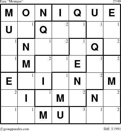 The grouppuzzles.com Easy Monique puzzle for  with the first 3 steps marked