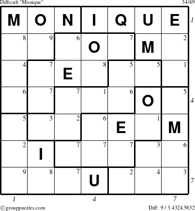 The grouppuzzles.com Difficult Monique puzzle for  with all 9 steps marked