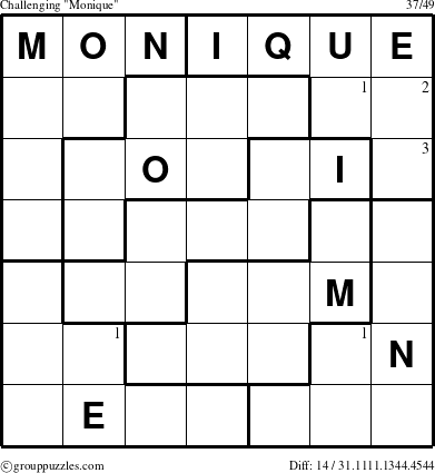 The grouppuzzles.com Challenging Monique puzzle for  with the first 3 steps marked