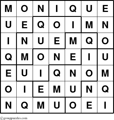 The grouppuzzles.com Answer grid for the Monique puzzle for 