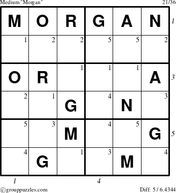 The grouppuzzles.com Medium Morgan puzzle for , suitable for printing, with all 5 steps marked